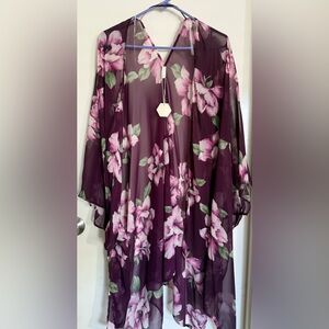 PinkBlush Sheer Plum Floral Kimono Medium Open Front Layering Piece